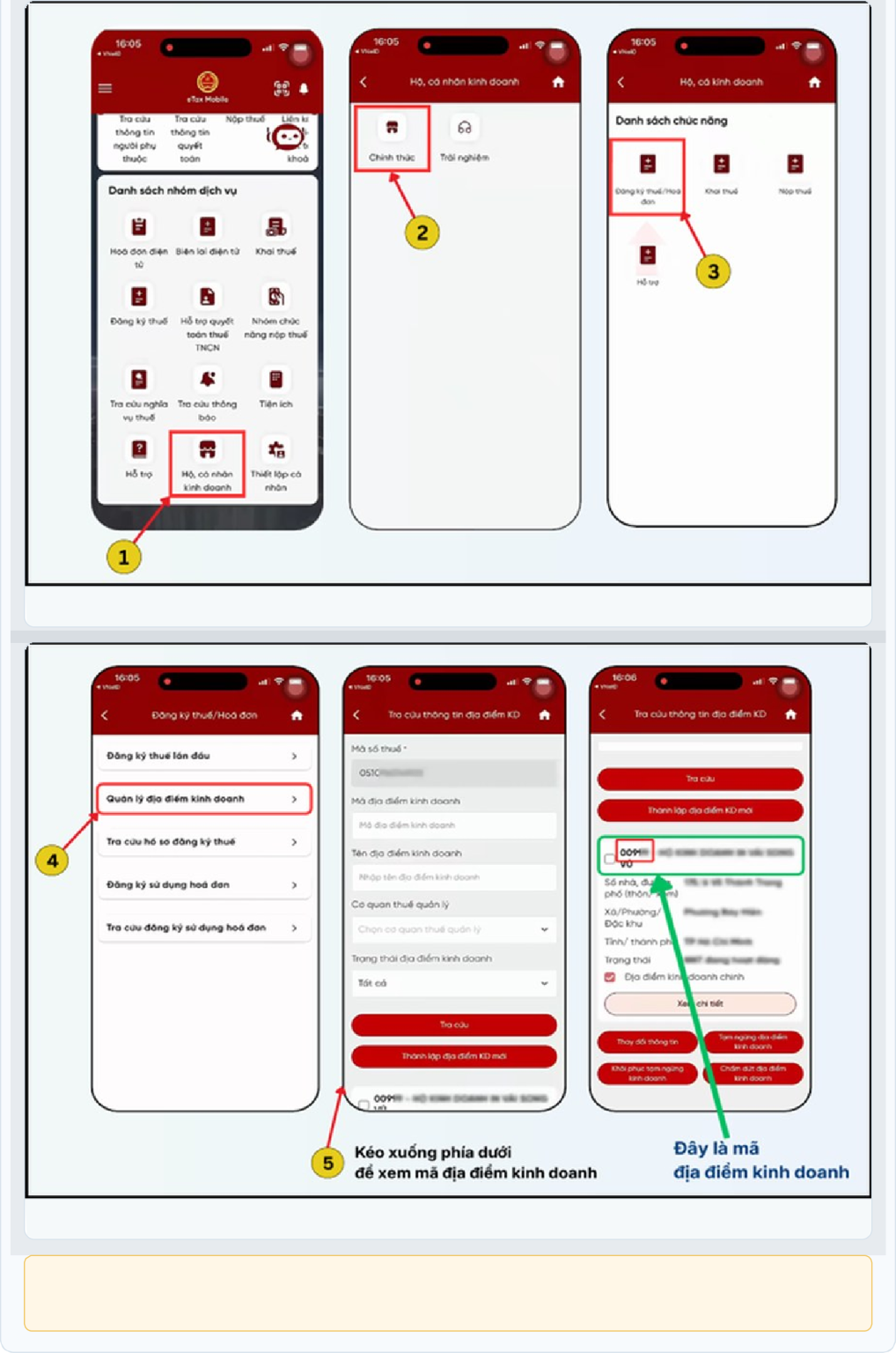 Tra Mã địa điểm kinh doanh trên ứng dụng eTax Mobile — bước 1 đến 5