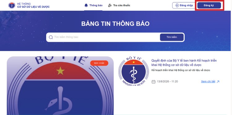 Trang chủ Hệ thống Cơ sở dữ liệu về Dược — nút Đăng ký